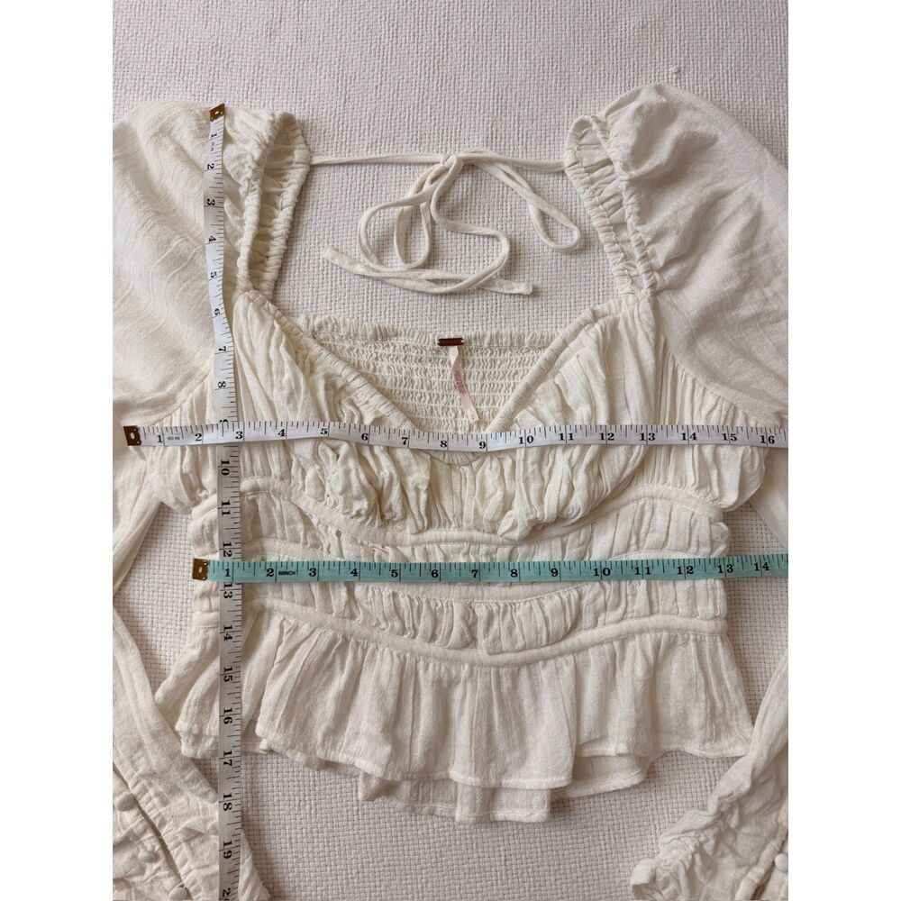Free People Chloe Top S White Smocked Puff Sleeve Peplum Boho Cottagecore - Picture 4 of 7